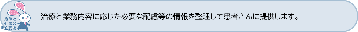 治療と業務内容に応じた必要な配慮等の情報を整理して患者さんに提供します。